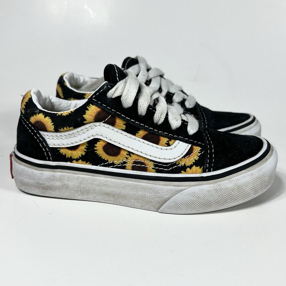 Girls VANS Size 11 Sunflower Lace Up Sneakers Black Yellow Low Top Nice